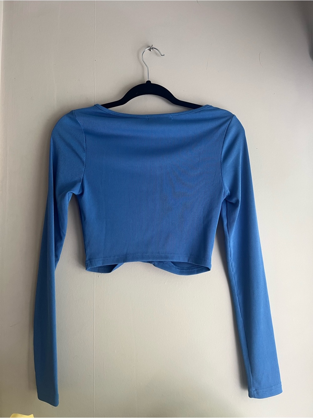 Blue Ribbed Ruched Button-Front Long Sleeve Crop Top - Picture 2 of 2